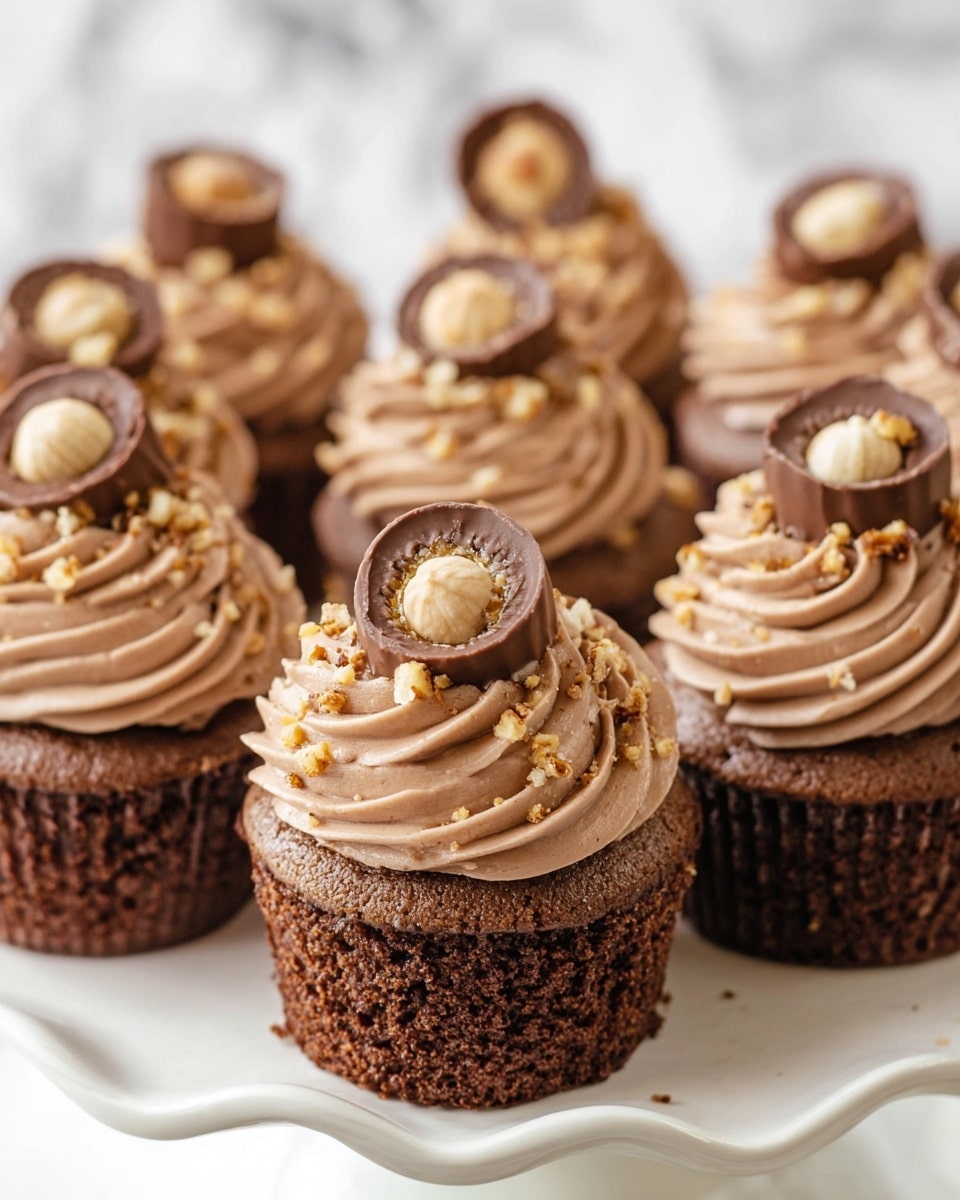 The image shows a cupcake that is cut open to reveal its layers. The bottom layer is a soft, brown cake with a slightly crumbly texture. Inside the cake, in the center, there is a smooth, dark chocolate filling. On top of the cake, there is a thick swirl of light brown, creamy frosting with a soft and fluffy texture. The frosting is decorated with small pieces of crushed nuts and topped with a halved chocolate candy with a nut inside. The cupcake is placed on a white paper liner that is opened wide, sitting on a white marbled surface, and more cupcakes with similar frosting and decoration are in the blurred background. Photo taken with an iphone --ar 4:5 --v 7
