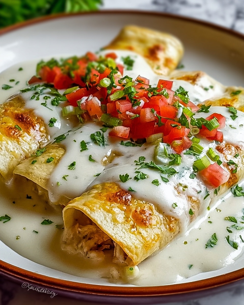 A white plate holds two rolled enchiladas filled with a creamy chicken mixture, lightly browned and soft on the outside. The enchiladas are covered in a smooth, thick white cheese sauce that pools around them on the plate. On top, there are diced red tomatoes scattered evenly, along with small green parsley leaves adding fresh color. The sauce has a shiny, slightly oily texture, enhancing the warm, comforting look of the dish. The plate sits on a white marbled surface. photo taken with an iphone --ar 4:5 --v 7