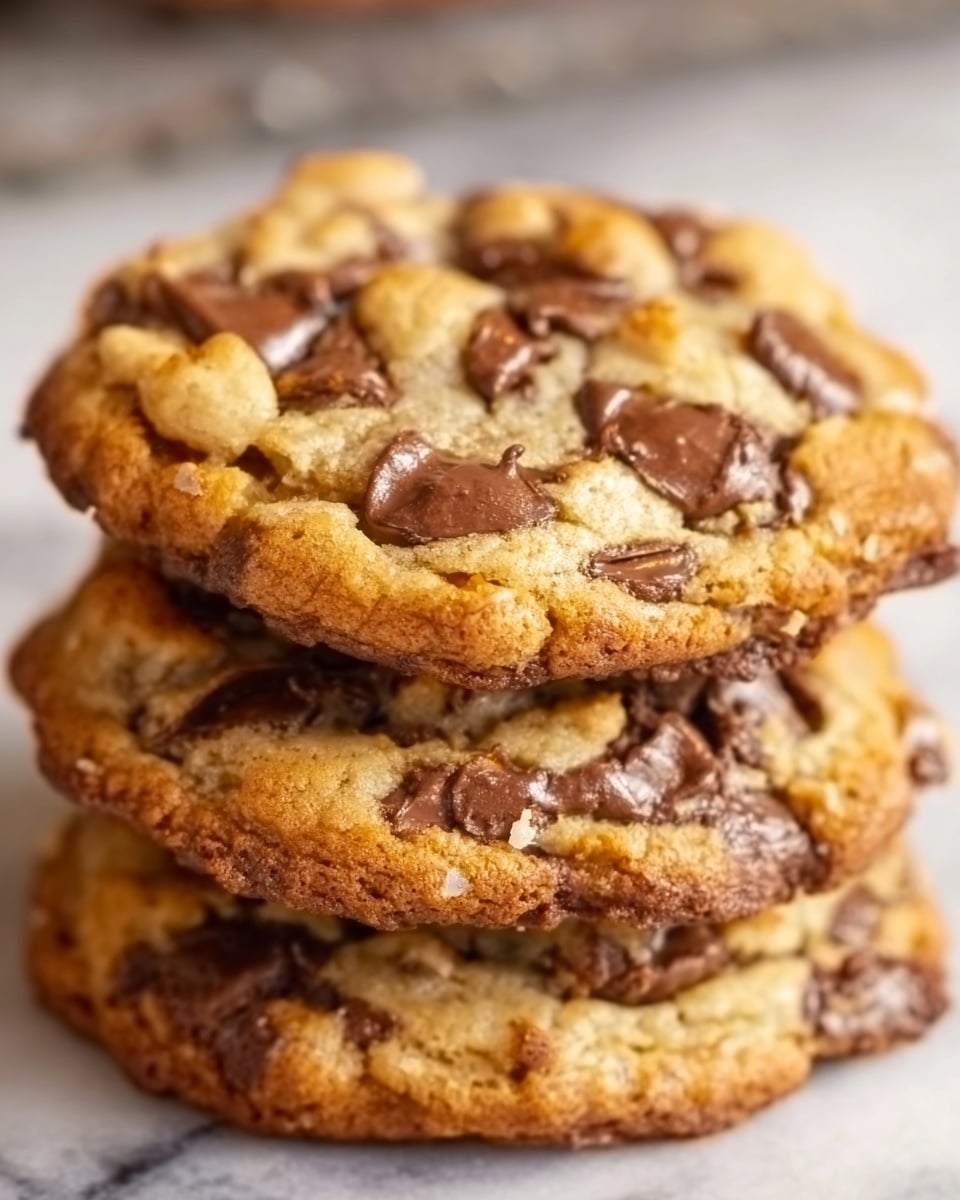 The image shows three large, round cookies stacked slightly unevenly on a white marbled surface. Each cookie has a rough texture with a golden-brown base and is filled with small bits of chocolate chips that are dark brown and slightly melted, dotted across the top. The edges of the cookies are slightly crisp, while the centers look soft and chewy, with a few cracks giving a homemade feel. The light is natural and soft, highlighting the cookies’ texture and the slight shine of melted chocolate. Photo taken with an iphone --ar 4:5 --v 7