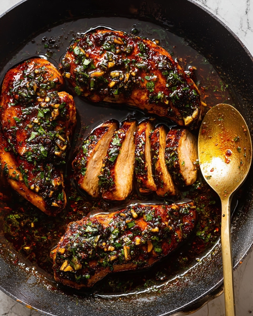 A black skillet with a bright red handle holds four pieces of grilled chicken breast covered in a shiny, dark brown glaze with visible herbs and small garlic pieces. Three of the chicken breasts are whole, one is sliced into three pieces showing a juicy, light brown inside. A gold spoon and a fork with a wooden handle rest on the edge of the skillet, partially covered in sauce. Fresh green basil leaves and a beige cloth napkin surround the skillet on a white marbled surface. photo taken with an iphone --ar 4:5 --v 7
