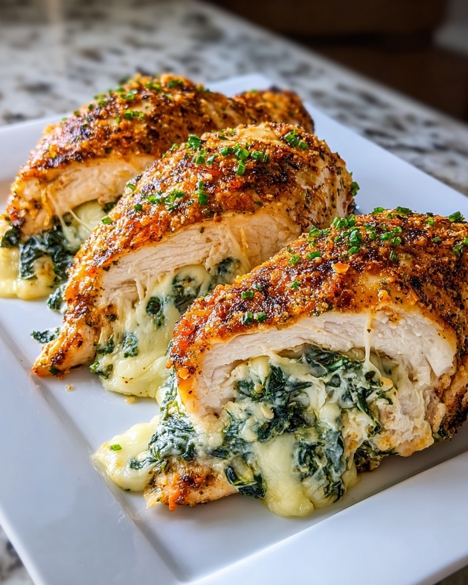 Three pieces of chicken breasts are cut thick and stuffed with a creamy mixture of white melted cheese and green spinach leaves, spilling out slightly from the sides. Each chicken piece has a golden-brown, crispy top with visible grill marks and bits of green herbs sprinkled over them. The chicken is placed closely together on a white square plate resting on a white marbled surface, showing the juicy texture and creaminess of the filling. Photo taken with an iphone --ar 4:5 --v 7