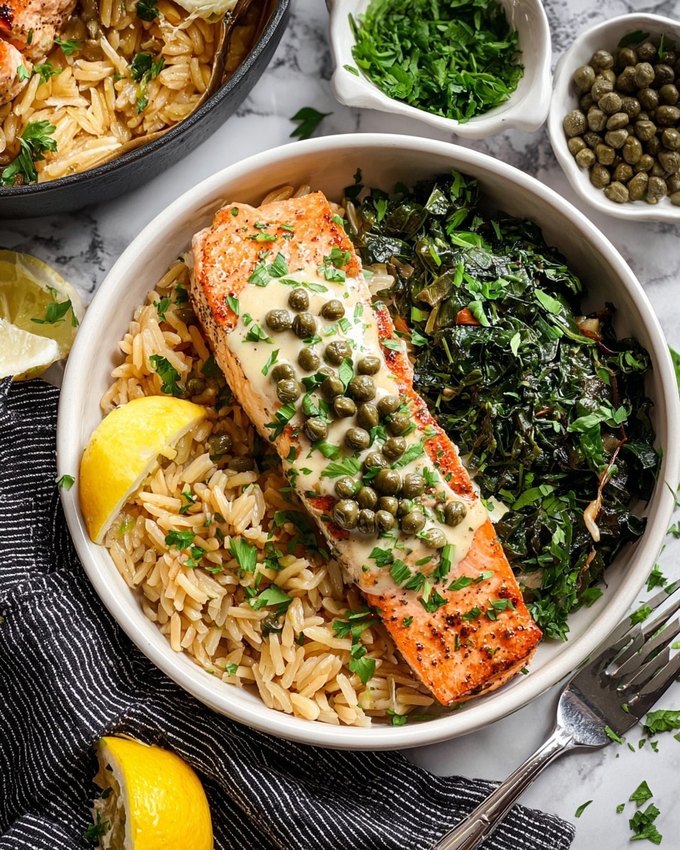 The image shows cooked salmon fillets with a bright orange, slightly crispy skin on top, covered with small green capers and chopped fresh herbs. The salmon rests in a light yellow sauce with a creamy texture that fills the pan below. Thin lemon slices peek out from under the salmon, adding a touch of yellow contrast. A metal spatula is lifting one piece of salmon, showing its flakiness and moist inside. The setting includes a black pan on a white marbled surface. photo taken with an iphone --ar 4:5 --v 7