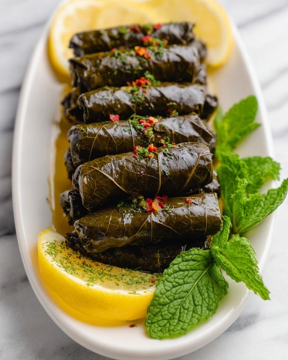 The image shows a white oval plate holding nine stuffed grape leaves arranged in a neat row. The grape leaves are dark green, shiny, and tightly rolled, each sprinkled with small pieces of red pepper flakes and chopped herbs. At the bottom of the plate are three thin lemon slices, with two lemon slices at the top. Bright green fresh mint leaves are placed on both sides of the plate, adding a pop of color. The plate is set on a white marbled surface. photo taken with an iphone --ar 4:5 --v 7