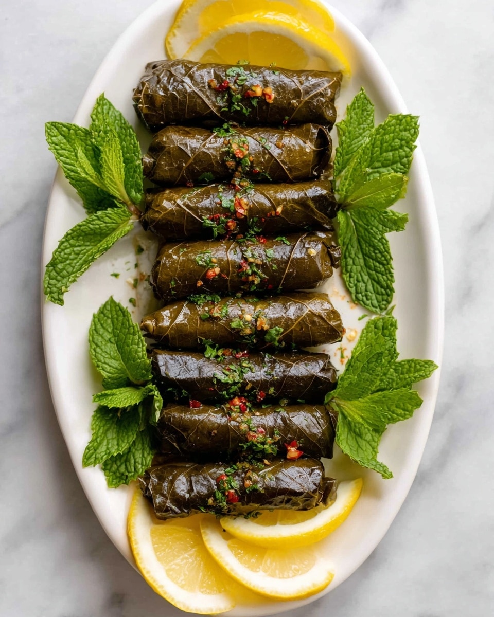 A stack of seven glossy, dark green grape leaves tightly rolled into cylindrical shapes is placed on a white oval plate. The rolls are sprinkled with small red chili flakes and tiny chopped green herbs. Two thin slices of yellow lemon with green herb seasoning lie under the rolls on one side. Fresh bright green mint leaves are positioned at one end of the plate. The plate is set on a white marbled surface. Photo taken with an iphone --ar 4:5 --v 7