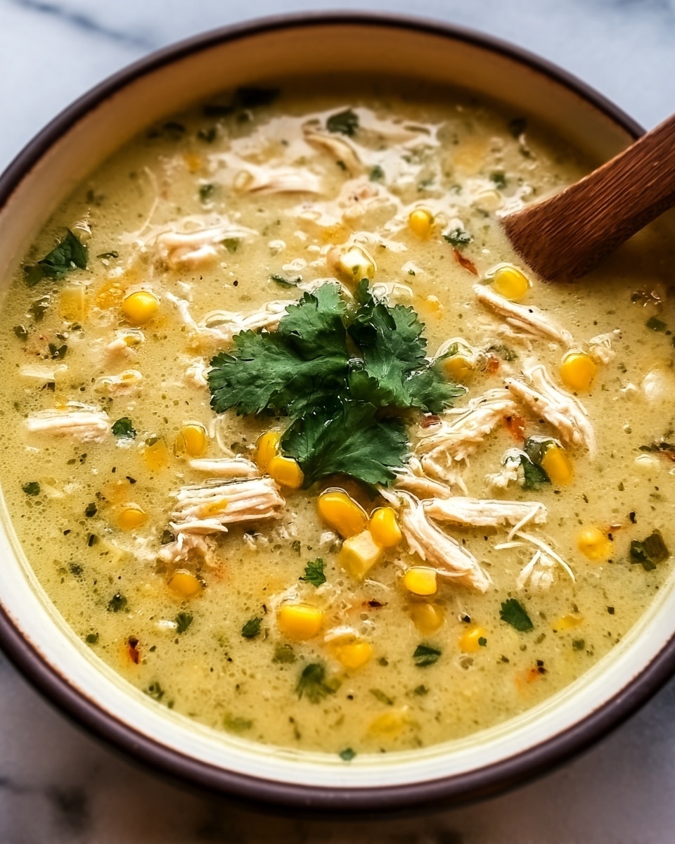 A close-up view of a creamy soup in a white bowl with a dark brown rim, showing a thick, smooth yellowish broth mixed with shredded white chicken pieces, bright yellow corn kernels, and small bits of green herbs scattered throughout. There is a small cluster of fresh dark green cilantro leaves placed in the center on top of the soup as garnish. A wooden spoon is partially submerged on the right side of the bowl. The bowl is placed on a white marbled surface. photo taken with an iphone --ar 4:5 --v 7