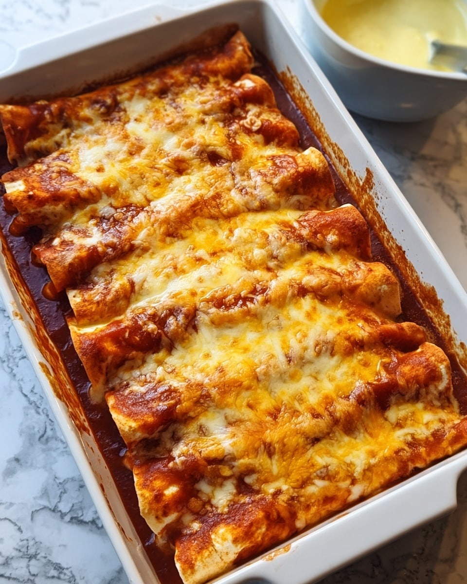 A white baking dish filled with six rolled enchiladas arranged side by side is topped with a thick layer of melted yellow and white cheese that is slightly browned at the edges. Beneath the cheese, a rich red sauce covers the enchiladas, with some sauce bubbling around the edges of the dish. The tortillas are visible under the sauce and cheese, showing a soft texture. In the background, there is a transparent container filled with a creamy white sauce, sitting on a white marbled surface. The photo taken with an iphone --ar 4:5 --v 7