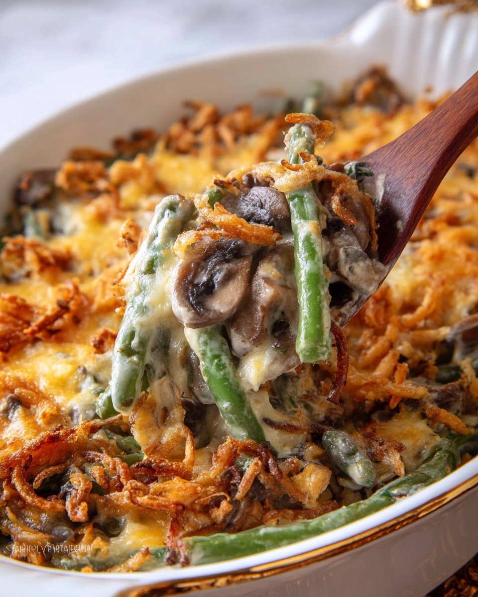 A cast iron skillet holds a cooked green bean casserole with three visible layers: at the bottom, bright green beans mixed with sliced mushrooms and a creamy white sauce; the middle layer is melted golden-yellow cheese blending with the creamy mixture; the top layer is covered with crispy golden-brown fried onions scattered evenly. The skillet rests on a white marbled surface, with a white casserole dish blurred in the background. photo taken with an iphone --ar 4:5 --v 7