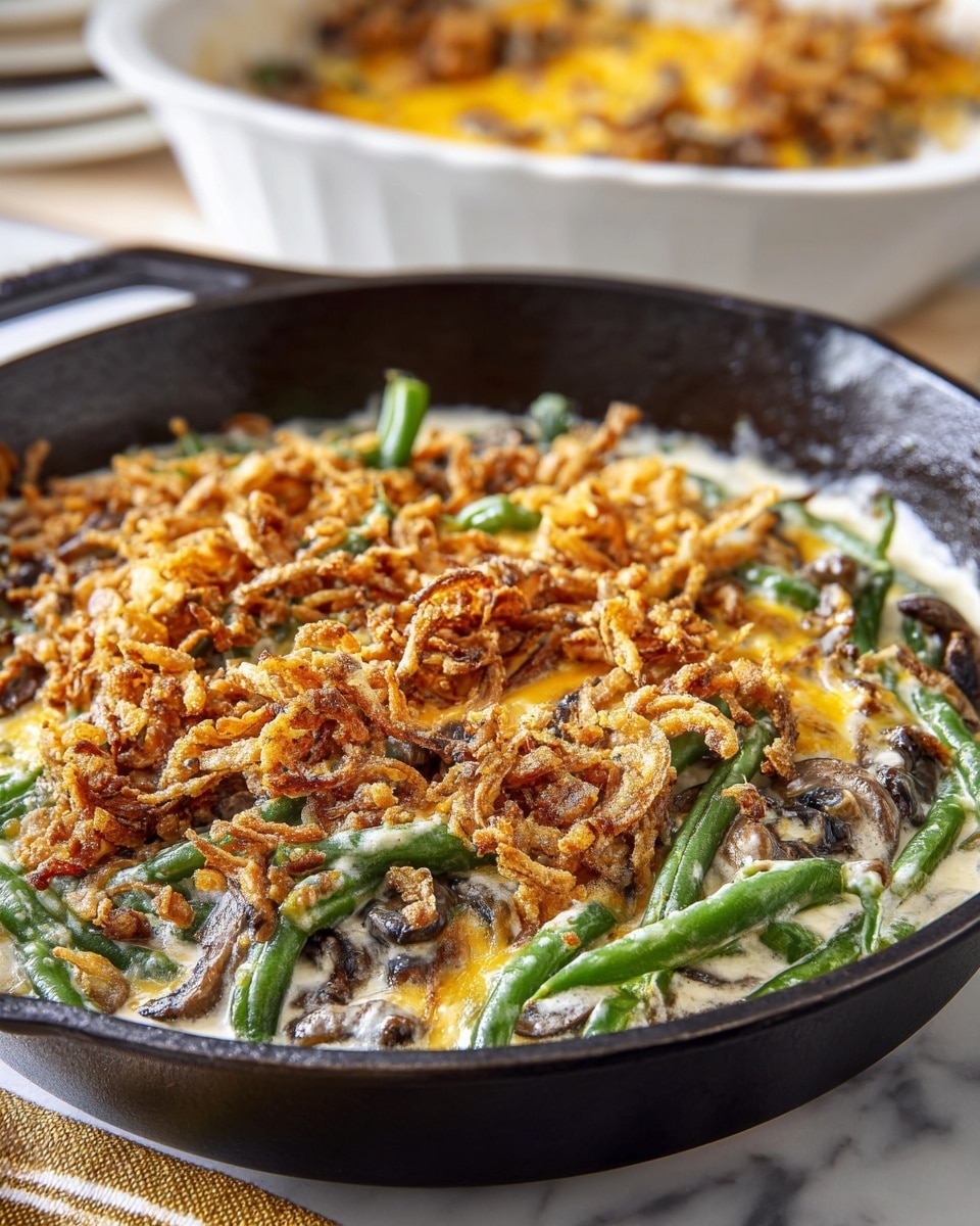 A close-up of a baked green bean casserole in a white dish with a gold rim shows a generous layer of melted golden-brown cheese on top, with crispy fried onions peeking through. Beneath the cheese, thick green beans and sliced mushrooms create a mix of green and earthy brown colors, held together by a creamy sauce. A wooden spoon scoops a portion, highlighting the texture and layers of the fresh green beans, tender mushrooms, and crispy cheese crust. The scene is set on a white marbled surface. photo taken with an iphone --ar 4:5 --v 7