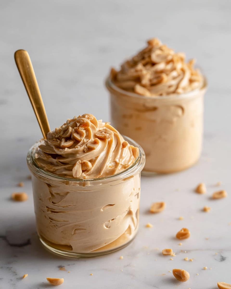 Two small glass jars filled with creamy light tan peanut butter mousse, each layer smooth and fluffy with swirling patterns inside. The top layer has thicker, piped swirls with small chopped peanut pieces scattered over them. One jar is in the foreground, showing a gold spoon inserted into the mousse, while the other jar is slightly blurred in the background. The jars sit on a white marbled surface with a few peanut crumbs scattered around. Photo taken with an iphone --ar 4:5 --v 7