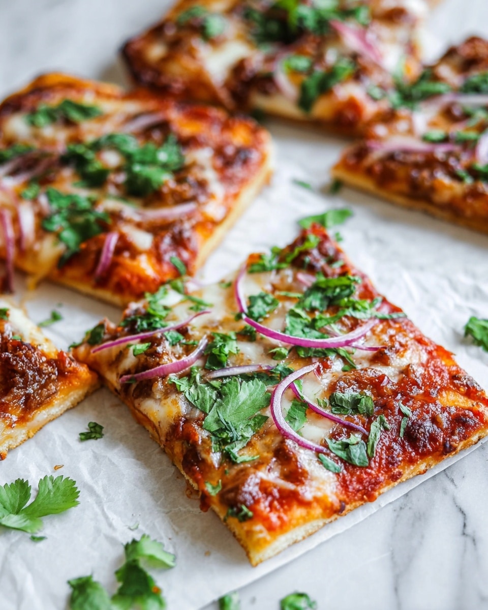 A rectangular pizza sliced into six pieces is shown on white parchment paper over a white marbled surface. The pizza has a crispy, slightly browned crust with a thin layer of red tomato sauce on top. Melted cheese covers the sauce unevenly, with browned spots. Thin slices of purple onion are spread across the pizza, along with small browned sausage pieces. Fresh green chopped cilantro is sprinkled over the whole pizza and a few leaves are scattered on the white marbled surface around it. Photo taken with an iphone --ar 4:5 --v 7
