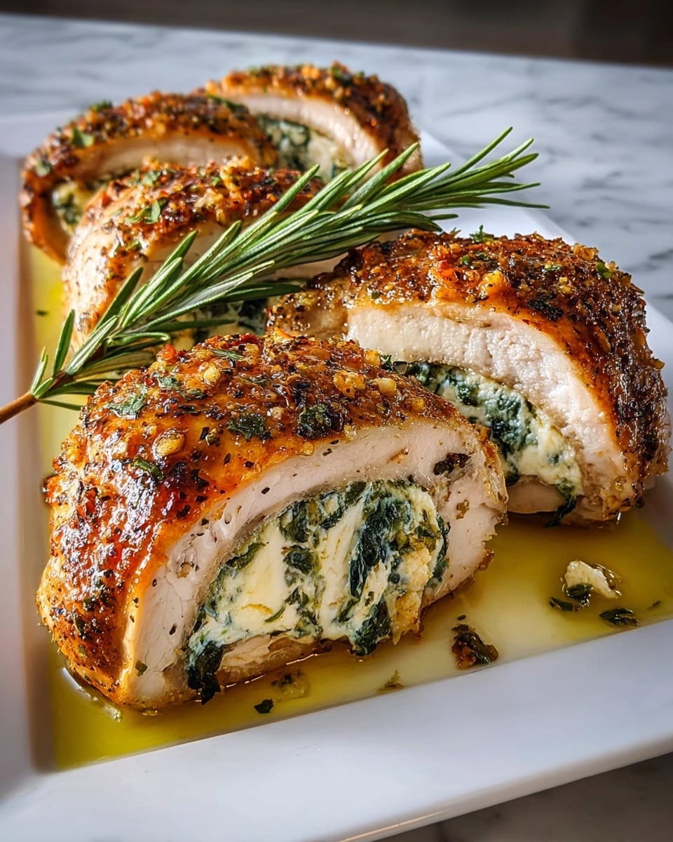 Four pieces of stuffed chicken breast are arranged diagonally on a white plate. Each piece is cut to show three layers: a crispy golden-brown outer skin with herbs and spices, a thick white chicken breast layer, and a creamy white cheese and green herb filling in the middle. The chicken is glazed with a shiny, slightly oily, light brown sauce that pools around the base of each piece. A fresh green sprig of rosemary is placed on top of the first piece, adding a touch of color. The plate rests on a white marbled surface. photo taken with an iphone --ar 4:5 --v 7