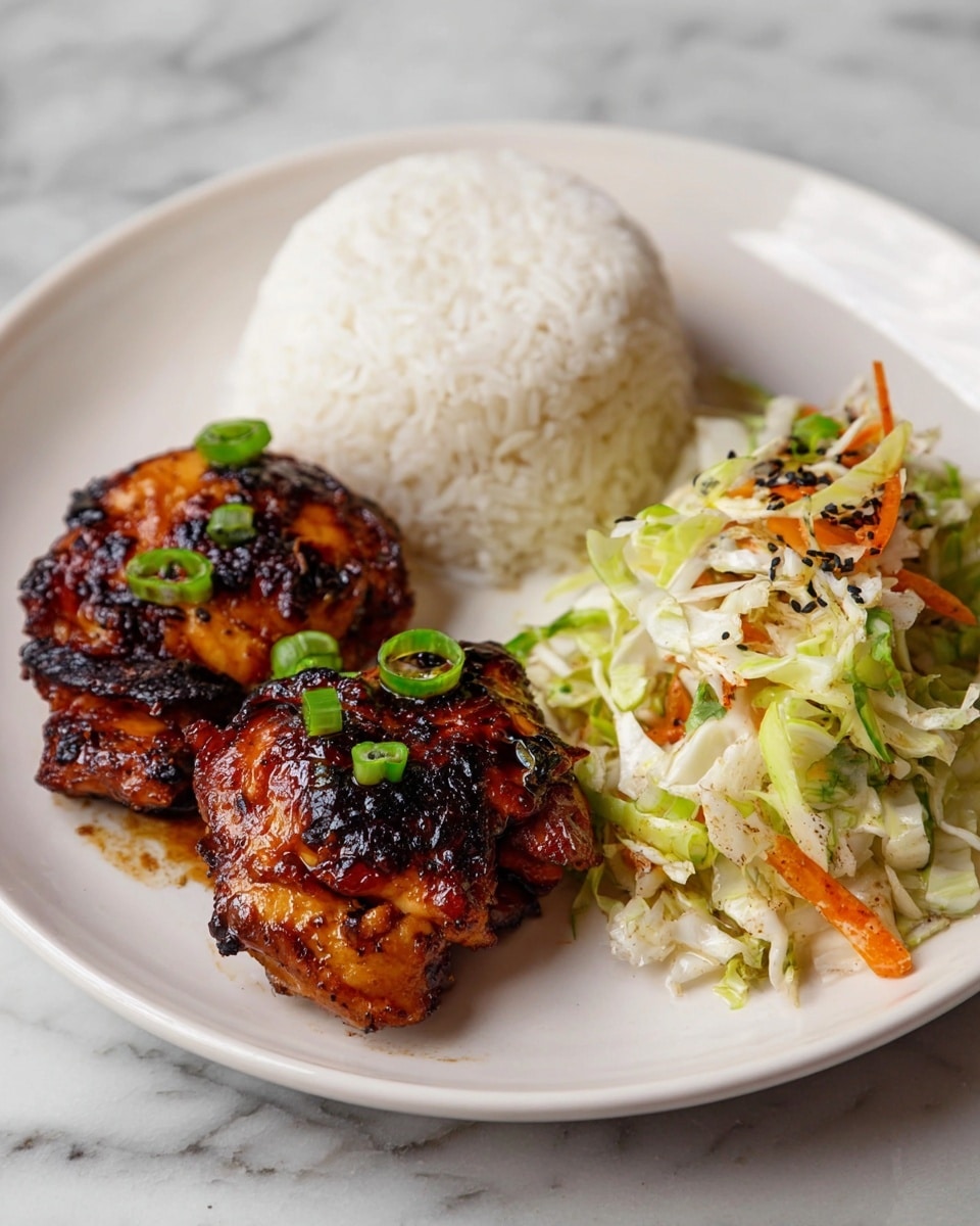 A white plate filled with six pieces of grilled chicken thighs, showing a deep reddish-brown color with char marks and a slightly crispy texture. The chicken is glossy with a sticky sauce and is topped with small rings of green onions scattered evenly across the surface. A beige cloth is partly visible under the plate, and the background is a white marbled texture. photo taken with an iphone --ar 4:5 --v 7