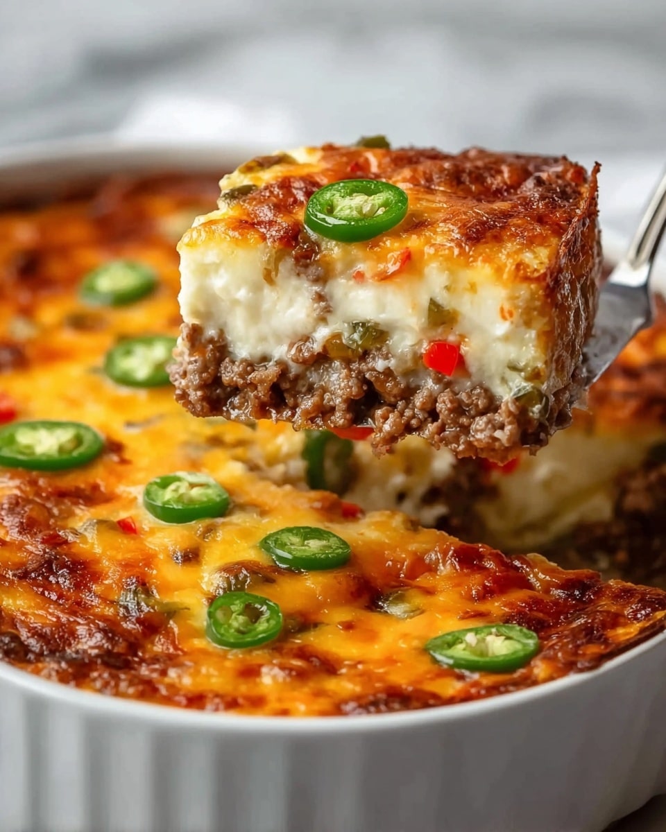 A white round ceramic dish holds a baked casserole with a golden-brown top layer that looks creamy and slightly crisp. A silver spoon lifts a square piece showing three visible layers: the top layer is melted cheese with a browned, bubbly texture; the middle layer is creamy white sauce mixed with small chunks of cooked ground beef and chopped green and red peppers; the bottom layer is smooth and cheesy, blending with the moist meat and pepper mix. Small green pepper pieces are sprinkled on top. The dish is set against a white marbled background. photo taken with an iphone --ar 4:5 --v 7