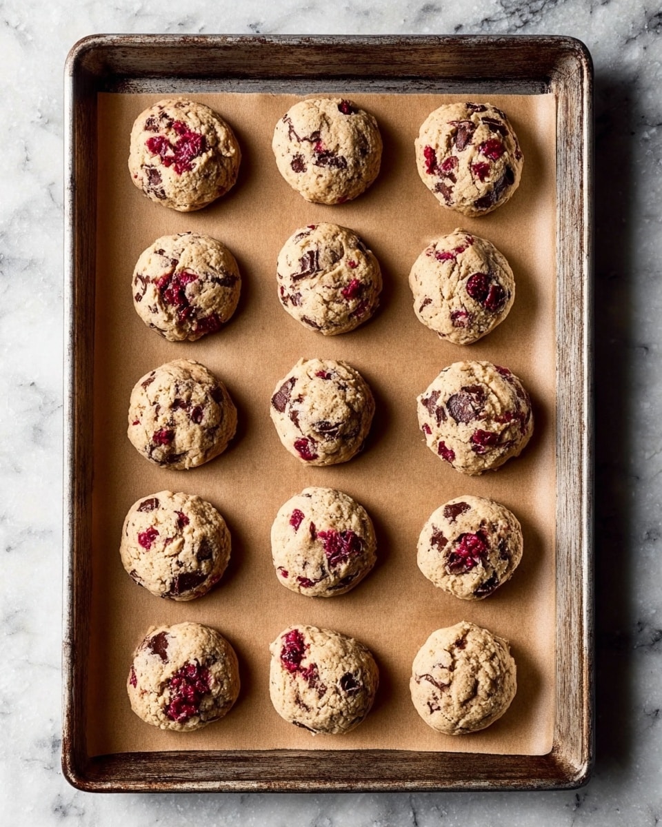 A metal baking tray holds 12 round cookies arranged in a 3x4 grid on a sheet of brown parchment paper. Each cookie is risen with a slightly rough texture, showing a light beige dough base mixed with visible dark chocolate chunks and red berry pieces scattered throughout. The tray rests on a white marbled surface, highlighting the warm tones of the baked cookies and the rustic look of the sheet. photo taken with an iphone --ar 4:5 --v 7