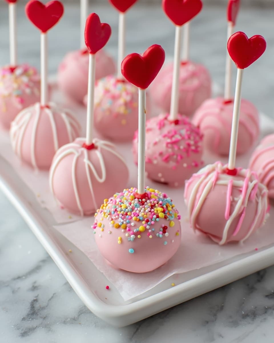 A tray of round pink cake pops, each covered in smooth pastel pink coating with different decorations on top, including white swirls, colorful small round sprinkles, and thin pink lines. Each cake pop has a white stick topped with a red heart shape and a small red piece at the base where the stick meets the cake pop. The cake pops sit on a white tray lined with white paper and the tray is placed on a white marbled surface. The cake pops have a soft and smooth texture with bright and playful colors, arranged in neat rows. photo taken with an iphone --ar 4:5 --v 7