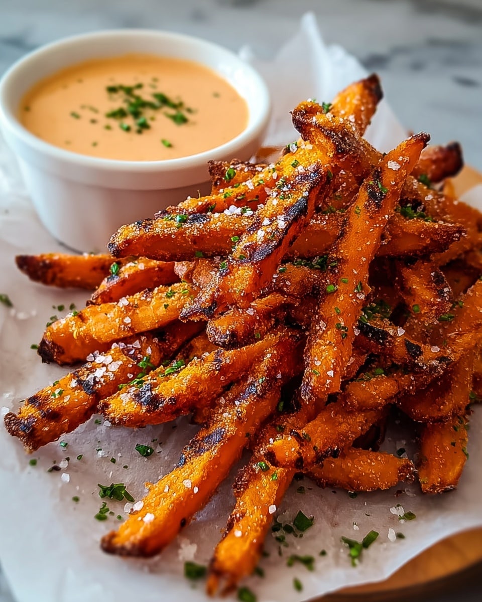 A close-up view of thick, golden orange fries stacked loosely on a layer of light brown parchment paper, each fry showing a crispy textured surface with browned edges and sprinkled coarse salt and small green herb pieces. To the top right, part of a black bowl filled with a creamy beige dipping sauce sprinkled with chopped green herbs is visible. The fries have a slightly rough texture with some darker crispy spots, giving them a freshly cooked and crunchy look, all set against a white marbled textured background. photo taken with an iphone --ar 4:5 --v 7