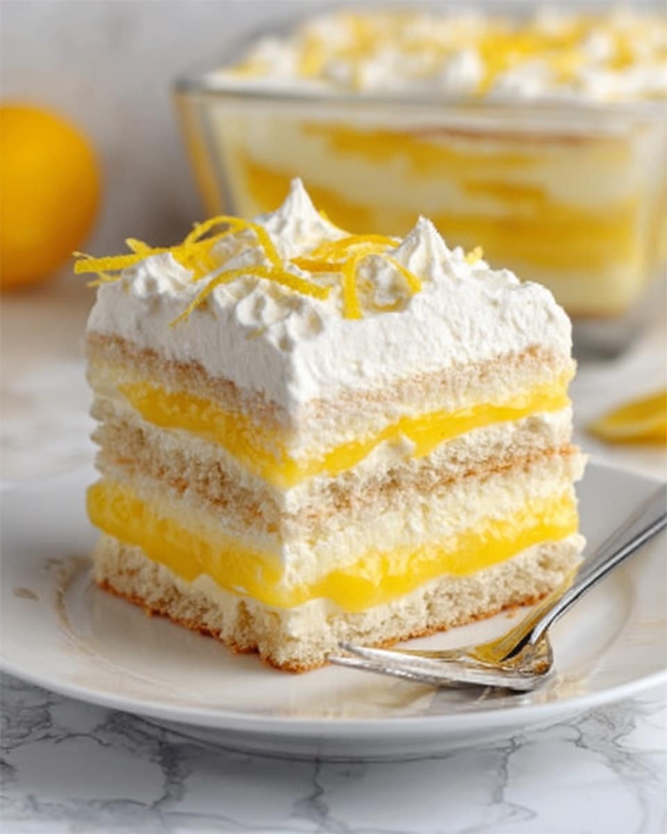 A square slice of a lemon layered dessert is placed on a white plate on a white marbled surface. The slice has four visible layers: the bottom and third layers are light beige cake with a soft, crumbly texture; the second and fourth layers are thick, bright yellow lemon filling with a smooth and creamy texture. On top, there is a thick layer of white whipped cream with soft peaks and thin strips of lemon zest as decoration. A small silver fork rests next to the slice. In the background, a glass dish filled with the same dessert is visible. Photo taken with an iphone --ar 4:5 --v 7