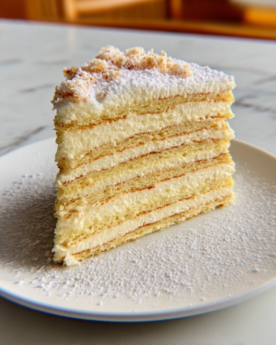 The image shows a round cake with about twelve thin layers visible inside, each layer alternating between light yellow dough and creamy filling. The outside is covered with a golden brown crumbly coating that looks crunchy. A slice of the cake is lifted by a woman's hand using a silver cake server, showing the even, soft texture of the layers inside. The cake sits on a white cake stand with a perforated edge, and the background has a subtle white marbled texture. photo taken with an iphone --ar 4:5 --v 7