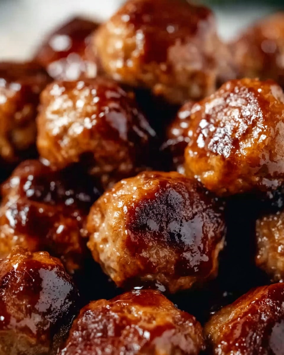 The image shows a close-up view of many small, round meatballs with a shiny, sticky glaze on them. The meatballs are golden brown with some dark charred spots, giving them a crispy appearance. The glaze appears thick and glossy, coating each meatball evenly, with a few white sesame seeds sprinkled on top for texture and color contrast. The background is a white marbled texture, making the rich, warm colors of the meatballs stand out clearly. Photo taken with an iphone --ar 4:5 --v 7