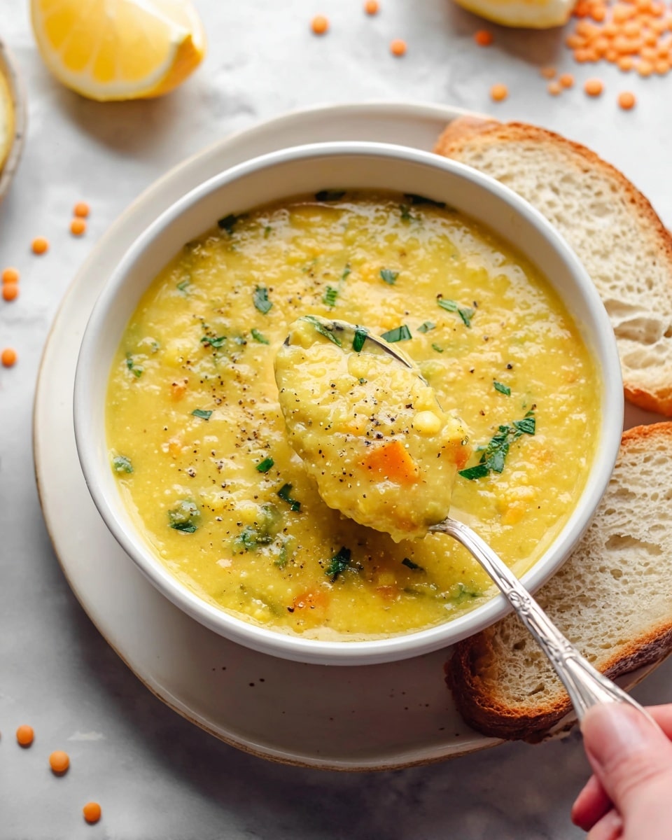 A light green pot is filled with thick, yellow soup mixed with small pieces of green herbs and orange bits, with a smooth and creamy texture visible throughout. A woman's hand is holding a large wooden spoon that is stirring the soup, showing the depth and richness of the thick liquid inside the pot. The scene is set on a surface with a white marbled texture. photo taken with an iphone --ar 4:5 --v 7
