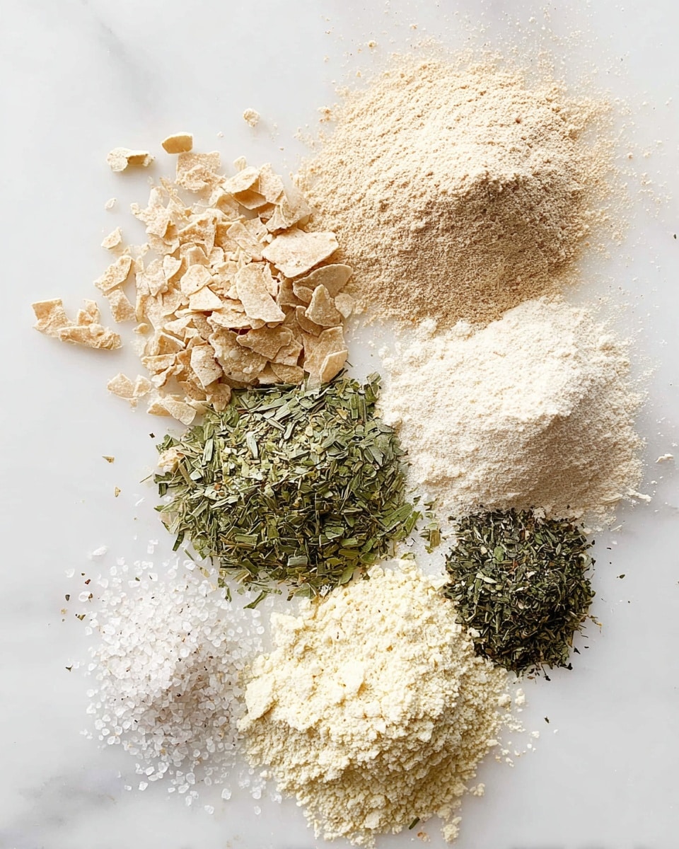 A close-up image of seven small piles of dry ingredients on a white marbled surface, arranged in a loose circle. Starting from the top, there is a beige powder with a fine, sandy texture. To the upper left, a pile of light tan crushed pieces with a grainy texture. Directly below that, a heap of dried green leaves that look finely chopped. To the bottom left, a tiny mound of coarse white salt crystals. In the center, a pile of off-white powder with a somewhat chunkier texture mixed with fine flour. On the bottom right, a pile of pale yellowish-white powder with a crumbly, uneven texture. To the upper right, a smaller pile of finely chopped dark green dried herbs. The image is bright with soft natural lighting, showing clear detail in the textures. Photo taken with an iphone --ar 4:5 --v 7