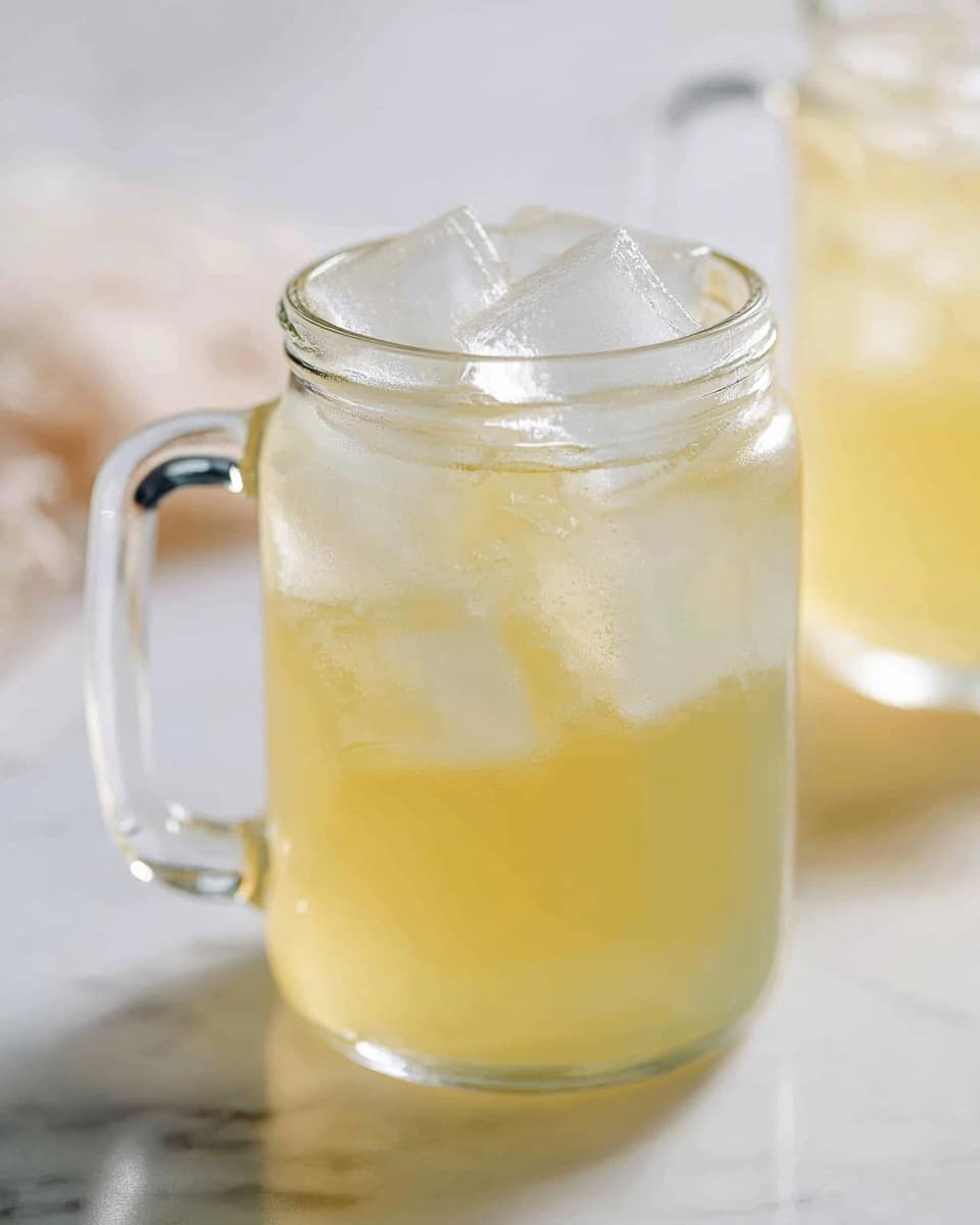 A clear glass mason jar with a handle is filled about three-quarters with a pale yellow liquid, topped with a few ice cubes floating on the surface. The liquid’s color is slightly cloudy, showing freshness and coldness. In the soft background, a yellow lemon, a piece of light brown ginger root, and a clear glass jar with white contents are slightly blurred, all placed on a white marbled surface. The overall image looks bright and fresh with soft natural light. photo taken with an iphone --ar 4:5 --v 7