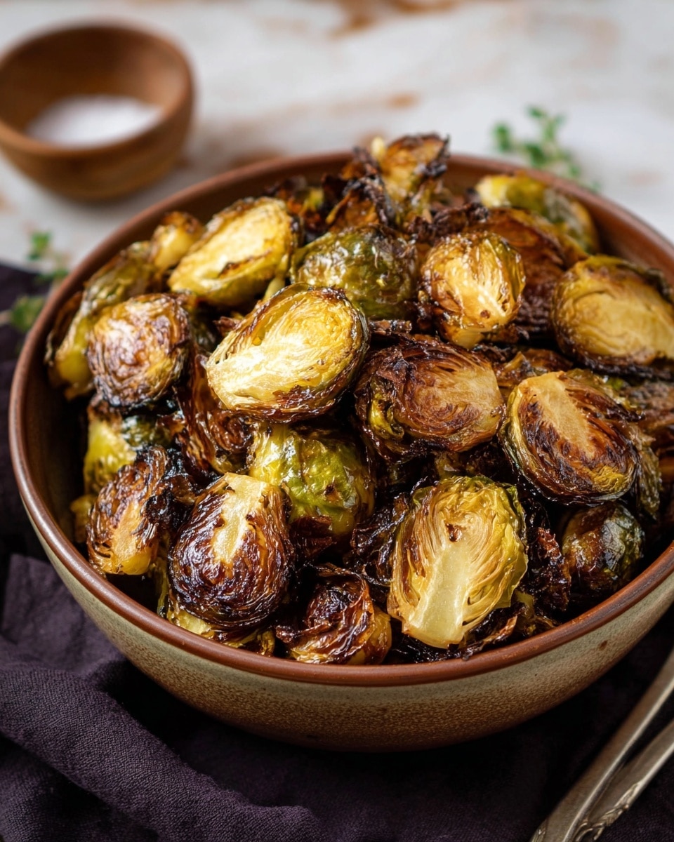Roasted Brussels sprouts fill the entire frame, showing a mix of dark brown, golden, and green colors with crispy and slightly charred textures on their outer leaves. In the center, a spoon is positioned above the sprouts, dripping a thick, glossy, dark reddish-brown sauce onto one of the Brussels sprouts, adding a shiny coating. The background is a white marbled texture that contrasts with the rich tones of the vegetables. photo taken with an iphone --ar 4:5 --v 7