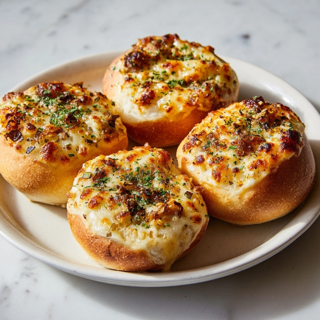 The image shows five round bread rolls on a simple white plate, each topped with a golden mixture. The toppings have clear layers: a base layer of melted cheese in pale yellow, sprinkled with small bits of orange and white, possibly cooked vegetables or bits of meat, and garnished with dark green herbs. The bread itself is lightly browned, soft, and fluffy, with a smooth texture on the sides and a slightly crispy surface on top. Everything is set on a white marbled surface, with natural light highlighting the golden colors and soft textures. Photo taken with an iphone --ar 4:5 --v 7