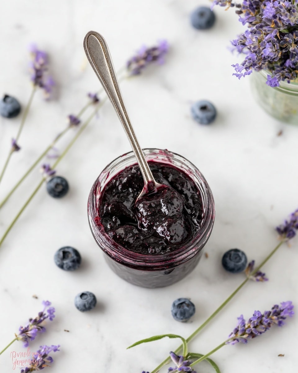 A small clear glass jar filled with thick dark purple blueberry jam sits on a white marbled surface, with a silver spoon resting on top of the jar holding a scoop of jam. Behind it, there is a wooden board with several round slices of white bread topped with a creamy white spread and a thick layer of the same dark purple jam, each topped with a single fresh blueberry and small purple flower petals. Blueberries and purple lavender sprigs are scattered on the white marbled surface around the jar and bread. A loaf of bread lies in the back on the wooden board, and to the right, a small clear glass bottle holds a few bright purple lavender flowers in water. The background is made of white subway tiles. photo taken with an iphone --ar 4:5 --v 7