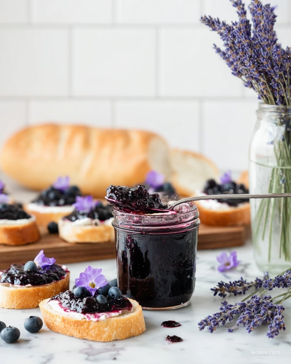 A small glass jar filled with thick, dark purple blueberry jam sits at the center, with a silver spoon resting inside, coated with the jam. Around the jar on a white marbled surface are several fresh blueberries scattered randomly, along with sprigs of purple lavender flowers and green stems, some whole and some broken. In the top right corner, there is a small glass container holding more lavender flowers, adding a soft touch to the scene. The overall image is clean, bright, and focused on the textured, rich jam and the natural elements around it. photo taken with an iphone --ar 4:5 --v 7