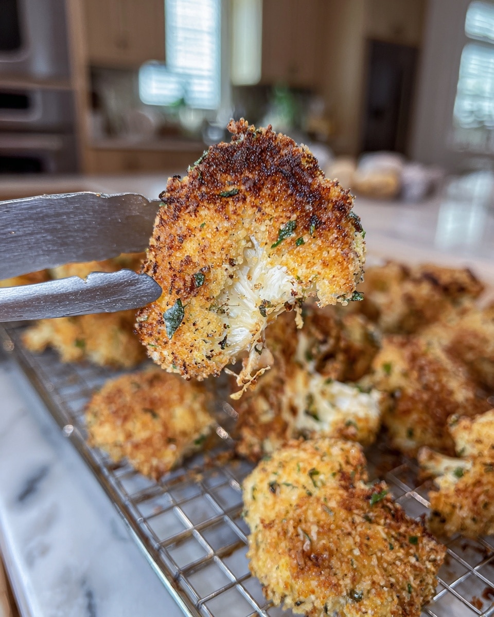 A close-up of a golden brown, crispy breaded cutlet held with silver tongs, showing a crunchy outer layer with herbs and spices visible on the crust, and a moist, white interior where a bite is taken. In the blurred background, several more similarly breaded cutlets rest on a metal cooling rack atop a tray, all with the same textured, crumbly coating. The scene is set in a bright kitchen with a white marbled surface underneath, emphasizing the warm tones of the fried food. photo taken with an iphone --ar 4:5 --v 7