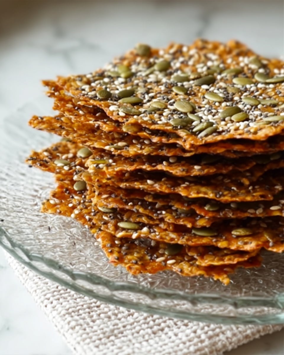 A stack of about eight thin, crispy seed crackers sits on a clear glass plate. Each cracker has a golden-brown color with a rough texture from mixed seeds, including green pumpkin seeds, white sesame seeds, and tiny dark chia seeds, spread evenly across each layer. The edges of the crackers are irregular and crunchy looking. The plate is on a white marbled surface with a textured white cloth beneath it. photo taken with an iphone --ar 4:5 --v 7