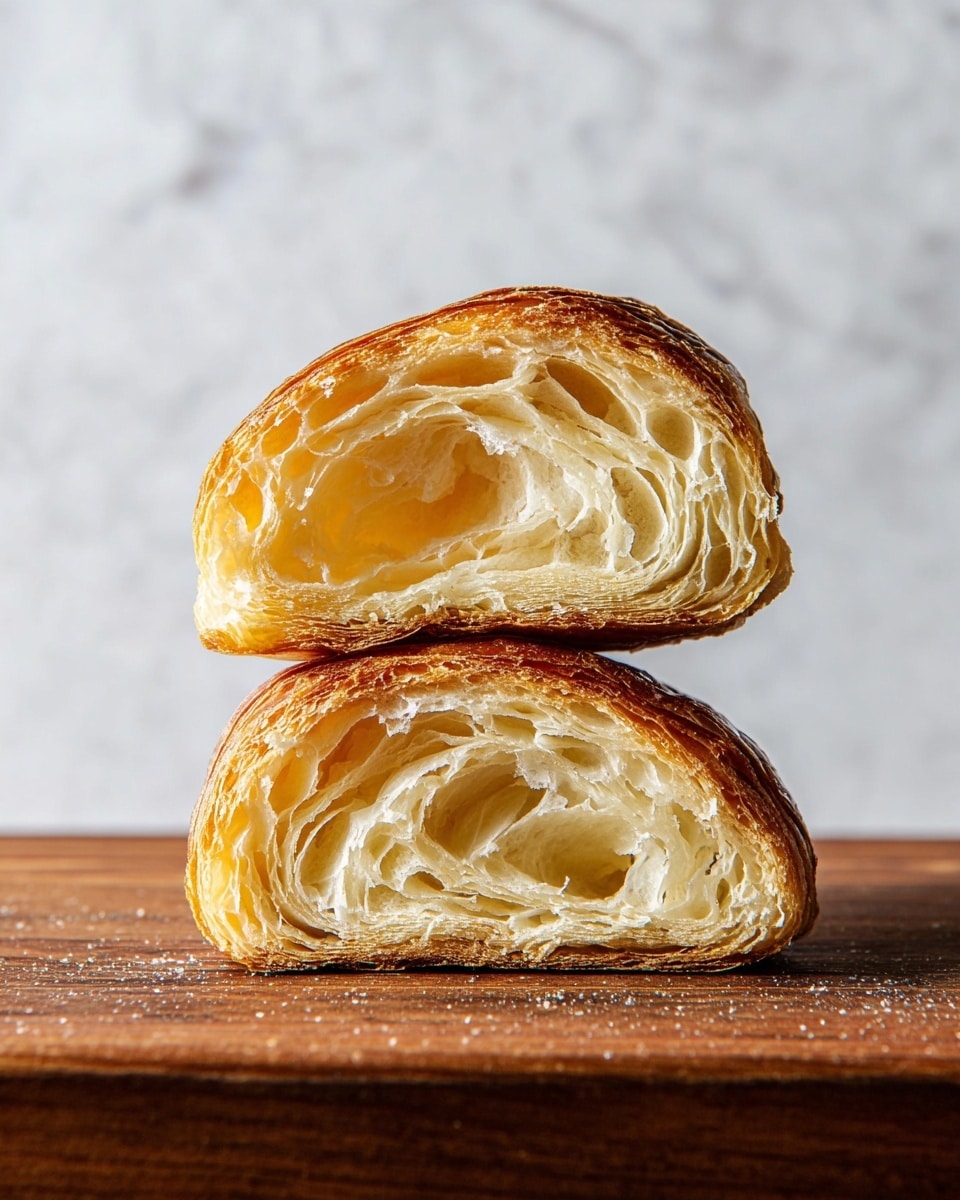 The image shows two pieces of a croissant stacked on top of each other on a wooden board. Each piece reveals multiple thin layers of airy, light beige dough with a slightly shiny golden-brown crust. The layers inside look soft and flaky, creating a hollow tunnel shape in the center of each piece. The bread’s texture is delicate, and the top crust has a crisp appearance. The background is a white marbled texture. photo taken with an iphone --ar 4:5 --v 7
