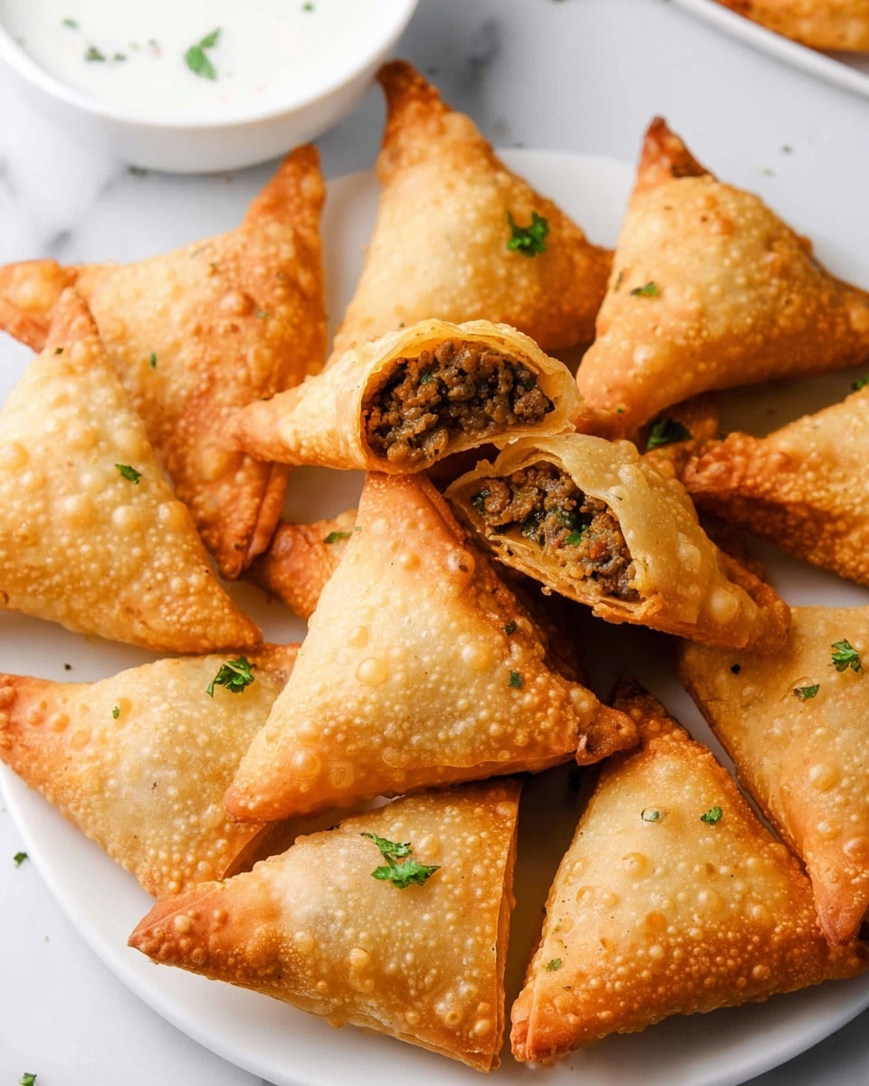 A close-up of a golden brown triangular samosa held by a woman's hand with coral-colored nail polish, being dipped into a small white bowl filled with creamy white sauce. The samosa has a crispy, bubbly texture on its surface. In the background, there is a white plate with more samosas on a white marbled surface, and a small white bowl with chopped green herbs. Photo taken with an iphone --ar 4:5 --v 7