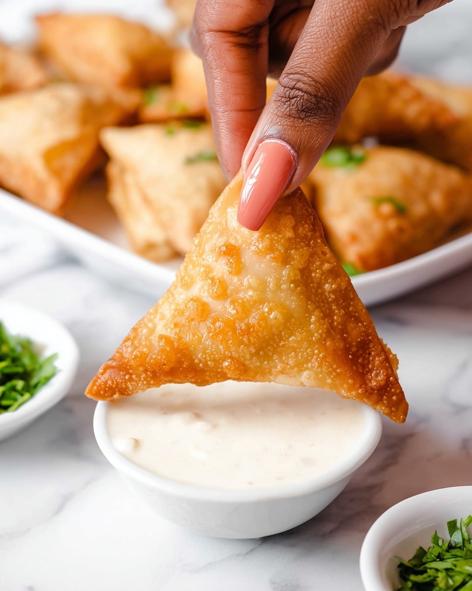 A white plate on a white marbled surface holds several golden-brown samosas arranged in a circular pattern. Each samosa has a crispy, bubbly texture with small bubbles and slight color variations on the fried crust. One samosa at the center is broken open, showing a filling of finely chopped cooked meat mixed with green herbs inside a thin, crispy shell. Small green herb pieces are scattered on and around the samosas, adding a touch of color. In the background, a white bowl filled with white dipping sauce is slightly out of focus. Photo taken with an iphone --ar 4:5 --v 7