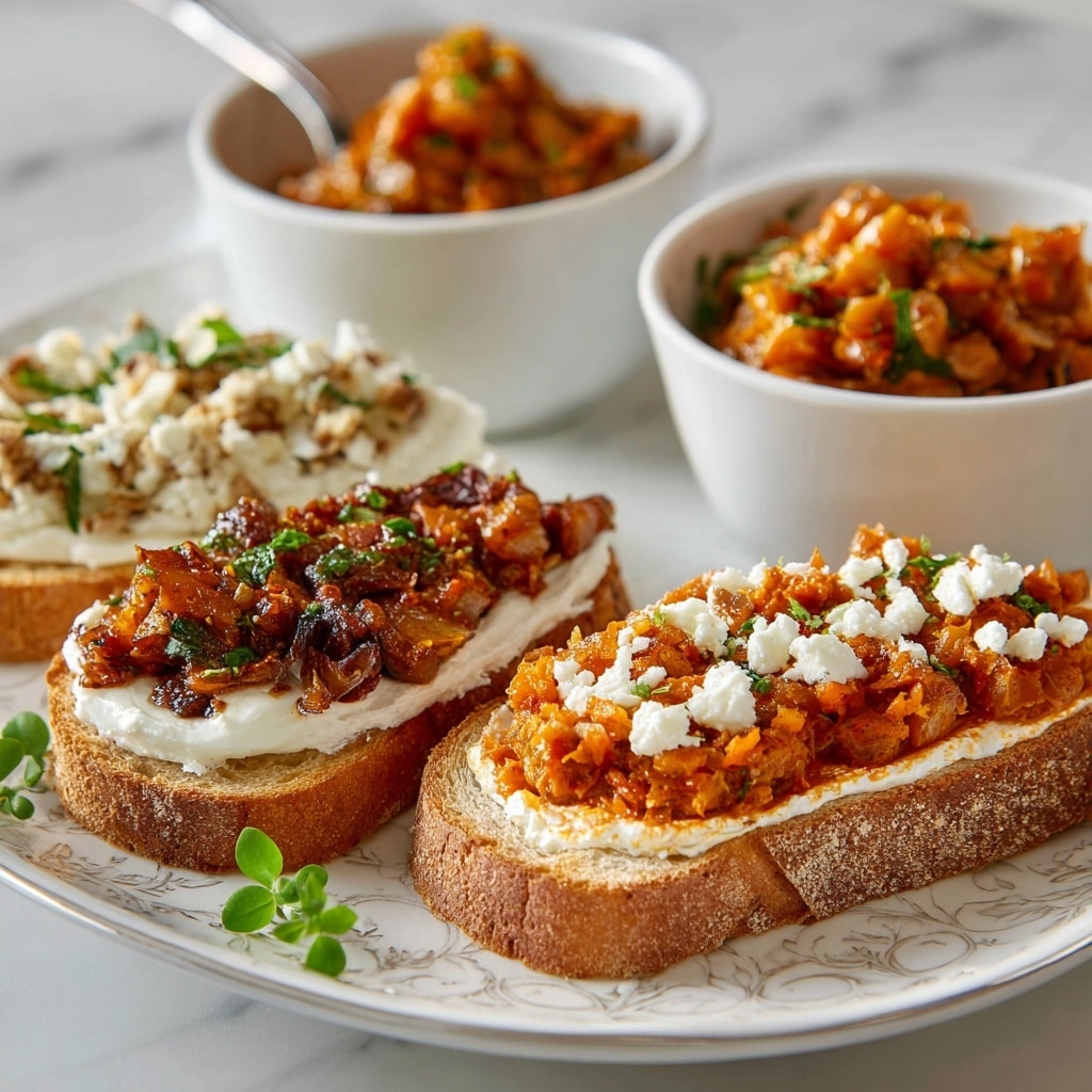 The image shows a close-up of three slices of toasted bread on a white plate with a delicate pattern, all placed on a white marbled surface. The first slice on the left has a thick, smooth layer of white cream spread evenly, topped with a chunky, reddish-brown vegetable mixture with visible bits of green herbs. The middle slice features a chunky mix of cooked vegetables, mostly orange and brown, garnished with crumbly white cheese pieces on top. The third slice in the foreground has a creamy white base layer with a bright, chunky red vegetable mixture spread over it. In the background, two white bowls are filled with the same chunky vegetable mix, one with a spoon inside. Small green herb leaves decorate the plate beside the toasts. Photo taken with an iphone --ar 4:5 --v 7