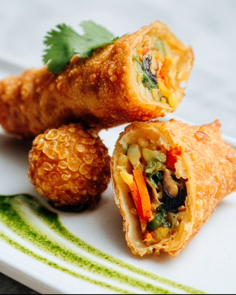 The image shows four crispy golden-brown egg rolls cut in half, revealing colorful fillings inside. The fillings have a mix of dark black beans, red bell peppers, corn kernels, and beige chicken pieces, layered together inside the crunchy outer shell. Next to the egg rolls is a small round white bowl filled with a creamy light pink dipping sauce. The whole scene is set on a white marbled surface that brings out the warm colors of the food. photo taken with an iphone --ar 4:5 --v 7
