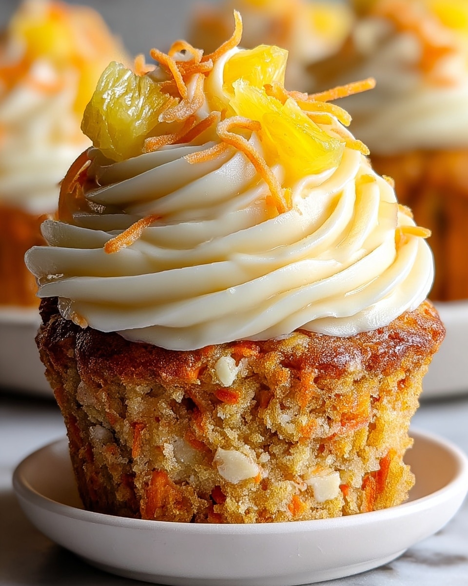 A single carrot cake muffin sits on a white plate with a white marbled background, showing a close view of its texture and layers. The muffin has one main layer, golden brown with visible small orange carrot bits and a moist crumb inside. On top, there is a thick, creamy white frosting that looks smooth and slightly glossy, spread unevenly and dripping slightly over the muffin edges. Small chunks of bright yellow pineapple and thin orange carrot shreds are scattered on the frosting, adding contrast and texture. photo taken with an iphone --ar 4:5 --v 7