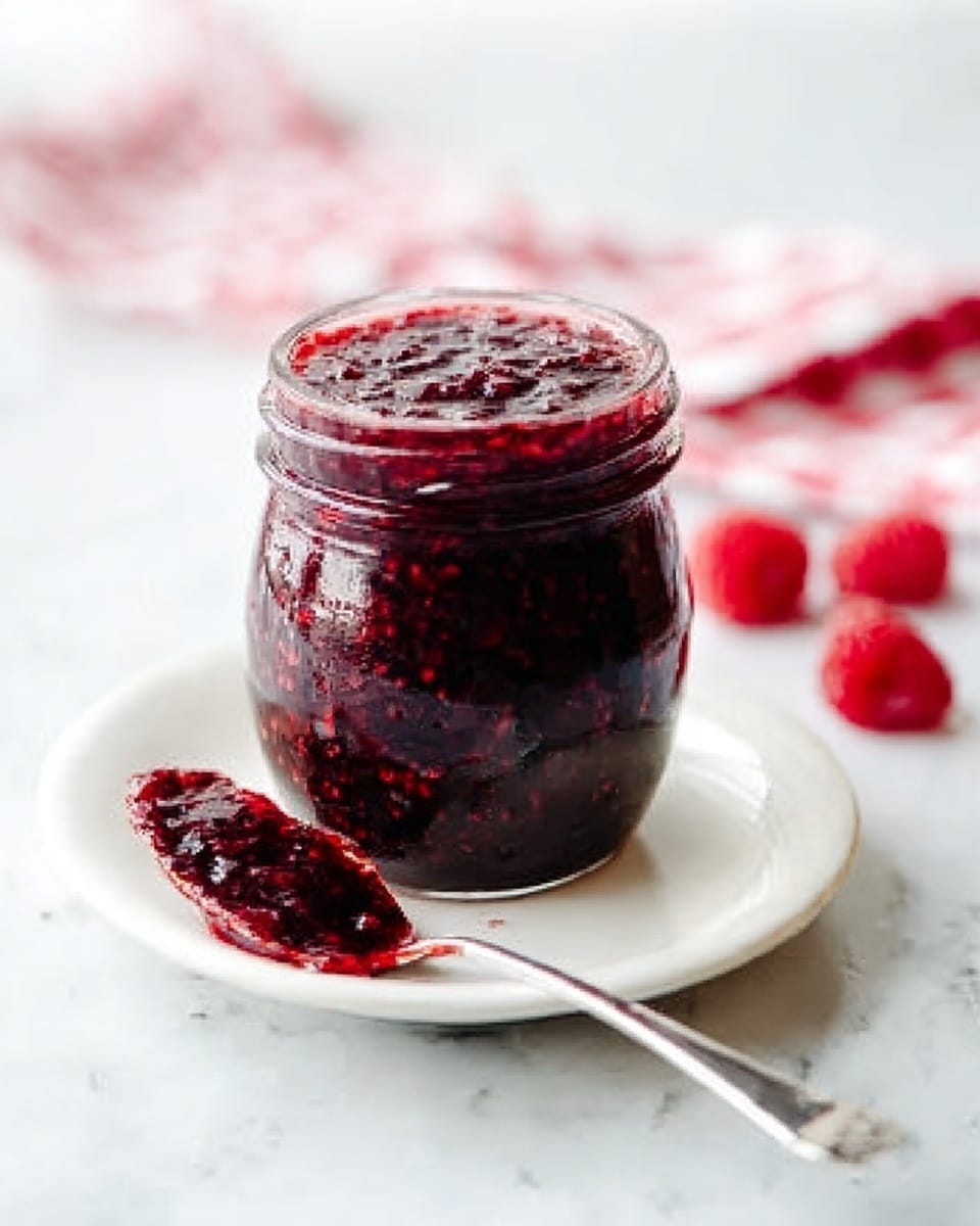 A clear glass jar filled to the top with thick, dark red berry jam showing visible whole berries inside, sitting on a white marbled surface with a bright red and white checkered cloth underneath. A spoon held by a woman's hand dips into the jar, lifting a heaping spoonful of glossy, chunky jam with a rich texture, some jam dripping slightly back into the jar, while a woven basket with light wood tones is blurred in the background. The lighting highlights the shiny, sticky surface of the jam and the glass jar's smooth texture. photo taken with an iphone --ar 4:5 --v 7