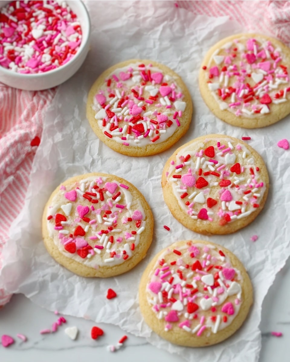 The image shows six round cookies with smooth light golden tops, each decorated with layers of pink, white, and red heart-shaped and rod sprinkles spread evenly across the surface. The cookies are placed on crumpled white parchment paper over a white marbled surface. To the top left, part of a white bowl filled with similar heart-shaped sprinkles sits next to a pink and white striped cloth. The photo has a soft, bright feel with a focus on the playful, colorful decoration on the cookies. Photo taken with an iphone --ar 4:5 --v 7