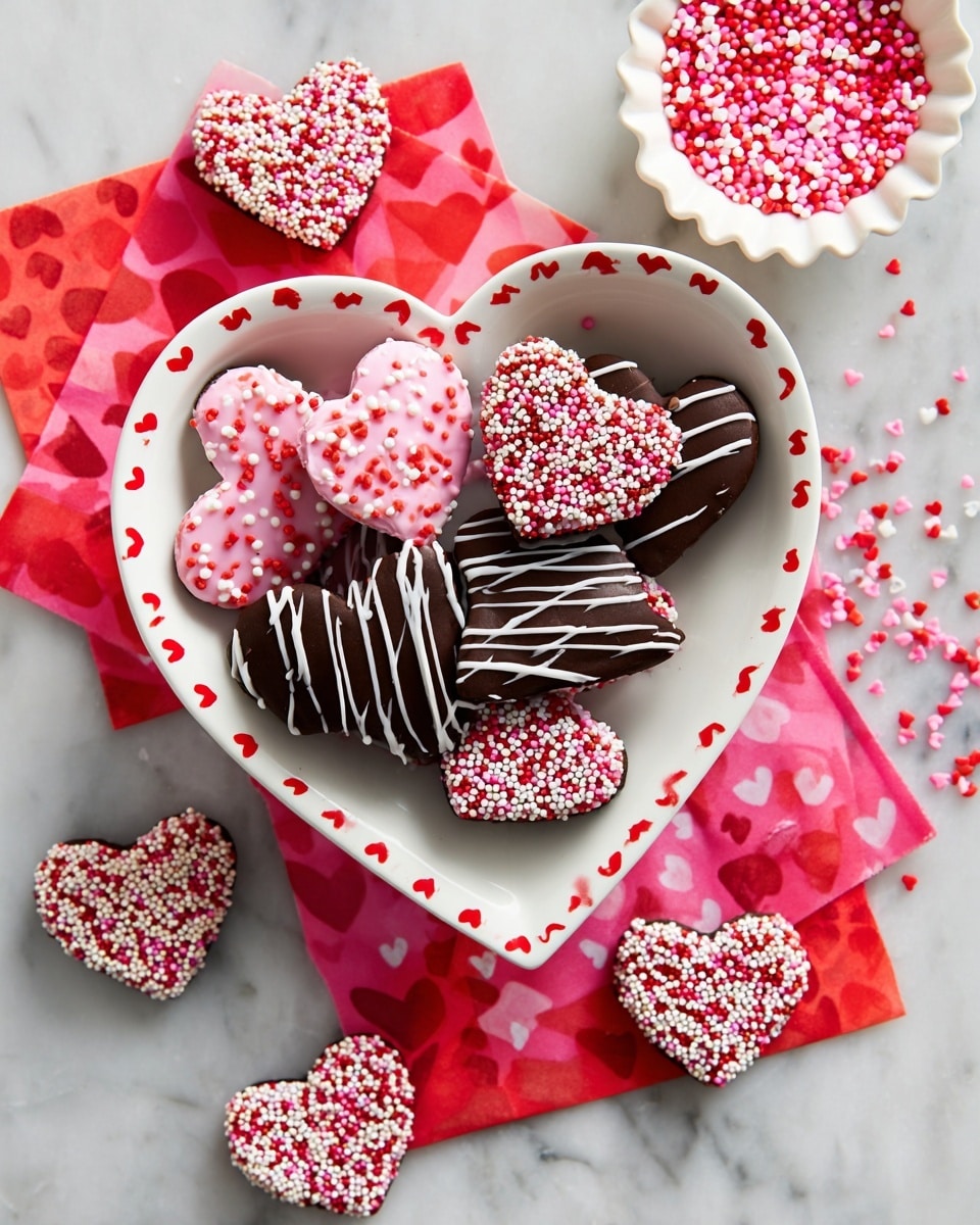 The image shows a close-up of several heart-shaped treats covered in smooth dark chocolate, decorated with white chocolate drizzle in thin lines across each piece. On top of the drizzle, there are small round sprinkles in pink, red, and white colors scattered evenly. One piece is cut open, revealing a dense, dark brown, fudgy inside with a slightly crumbly texture. The treats are placed on a white plate with a red edge and small heart patterns, sitting on a white marbled surface with a partially visible red cloth in the background. photo taken with an iphone --ar 4:5 --v 7