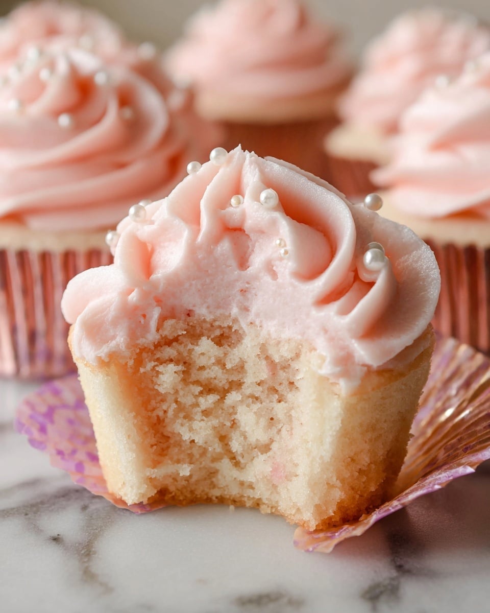 Two tall clear glasses filled with a transparent bubbly drink hold two bright red raspberries each, skewered on a thin wooden stick with a gold bead near the top. Below the glasses, two cupcakes with light tan bases are topped with smooth, pale pink swirled frosting. The frosting is decorated with small, shiny pink pearl sprinkles. The items are placed on a white marbled surface with a soft pink cloth nearby. photo taken with an iphone --ar 4:5 --v 7