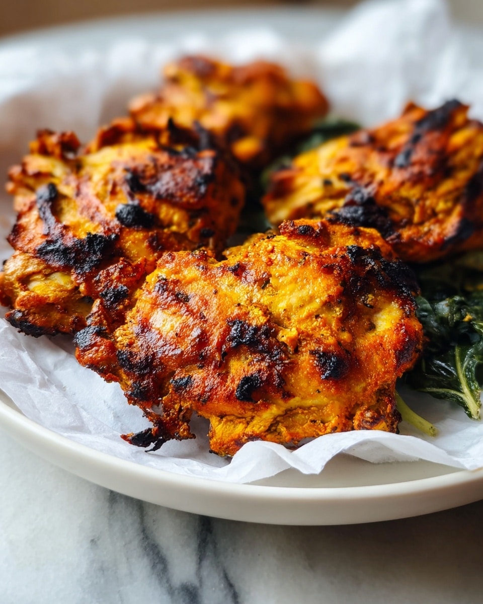 The image shows three pieces of grilled chicken placed on a white plate lined with white paper. The chicken has a rough texture with visible char marks and a mix of golden orange and dark brown colors showing a well-cooked, slightly crispy surface. Underneath the chicken pieces, there are green leafy vegetables partially visible, adding a touch of fresh green to the scene. The plate sits on a white marbled surface, and the overall focus is sharp on the front chicken piece, showing its detailed texture. photo taken with an iphone --ar 4:5 --v 7