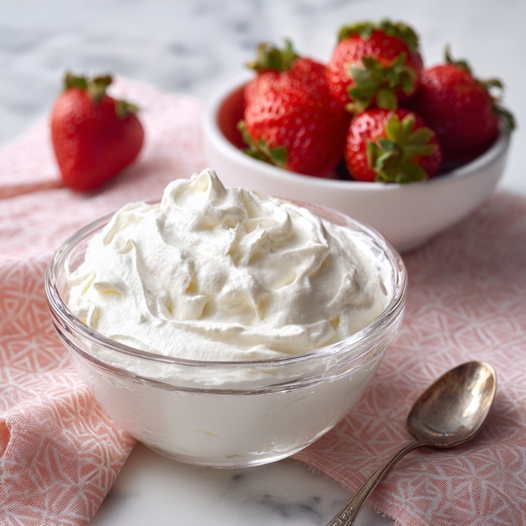 A clear glass bowl filled with one smooth and fluffy layer of white whipped cream with soft swirls on top, placed on a white marbled surface with faint pink lines. To the top right is a white cup filled with bright red strawberries with green tops, and one strawberry lies beside the cup. In the foreground, there is an antique silver spoon with some whipped cream on its edge, resting on the white marbled surface. photo taken with an iphone --ar 4:5 --v 7