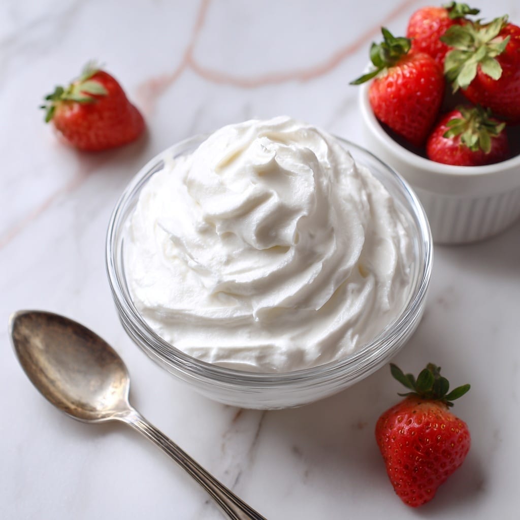 The image shows a clear glass bowl filled with smooth, white whipped cream that has soft swirls on its surface. The bowl is placed on a white marbled surface with a faint geometric pattern in light pink. Behind the bowl, there is a white bowl filled with bright red strawberries with green tops, and a single strawberry is placed on the white marbled surface near a vintage silver spoon with some whipped cream on it. The colors are bright and fresh, highlighting the creamy texture of the whipped cream and the juicy, vibrant strawberries. photo taken with an iphone --ar 4:5 --v 7