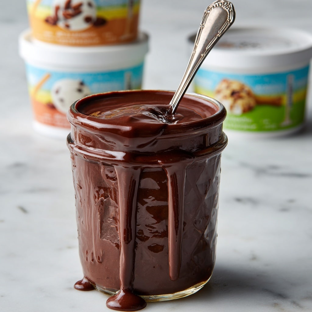 A small clear glass jar is filled and topped with a thick, glossy dark chocolate sauce that drips down the sides, covering the jar completely. The sauce has tiny bubbles and a shiny, smooth texture that looks rich and creamy. The jar sits on a white marbled surface, with blurred containers of ice cream or similar dessert in the background. A small part of a metal spoon is seen in the lower right corner. photo taken with an iphone --ar 4:5 --v 7