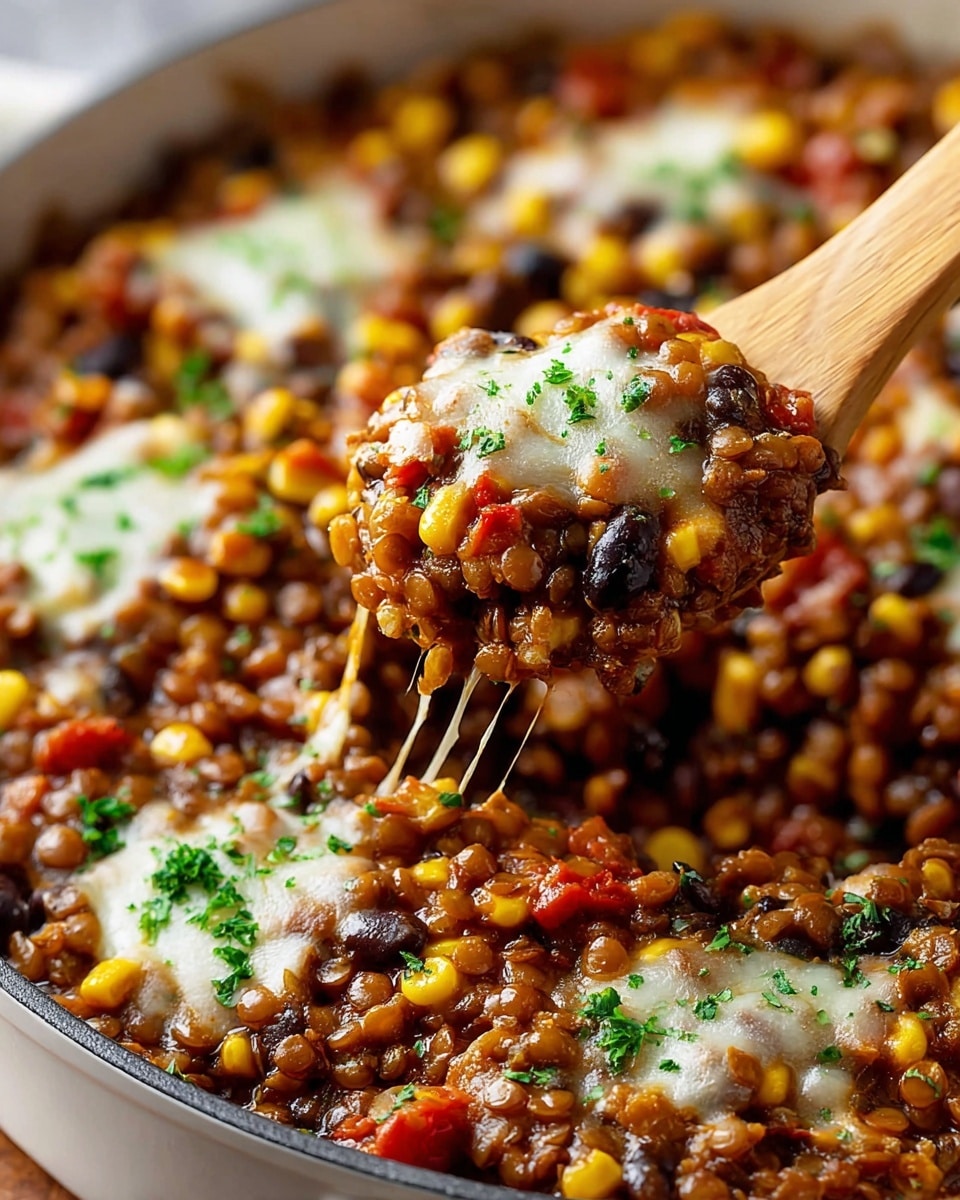 The image shows a close-up of a colorful lentil dish served in a pan, with a wooden spoon lifting a scoop. The dish has multiple layers starting with a base of cooked brown lentils mixed with black beans, bright yellow corn kernels, and small red tomato pieces. These ingredients create a rich texture with varied shapes and colors. On top of the lentils, there are patches of melted white cheese stretching slightly as the spoon lifts, along with small green parsley sprinkles scattered throughout for a fresh look. The background is a white marbled texture. photo taken with an iphone --ar 4:5 --v 7