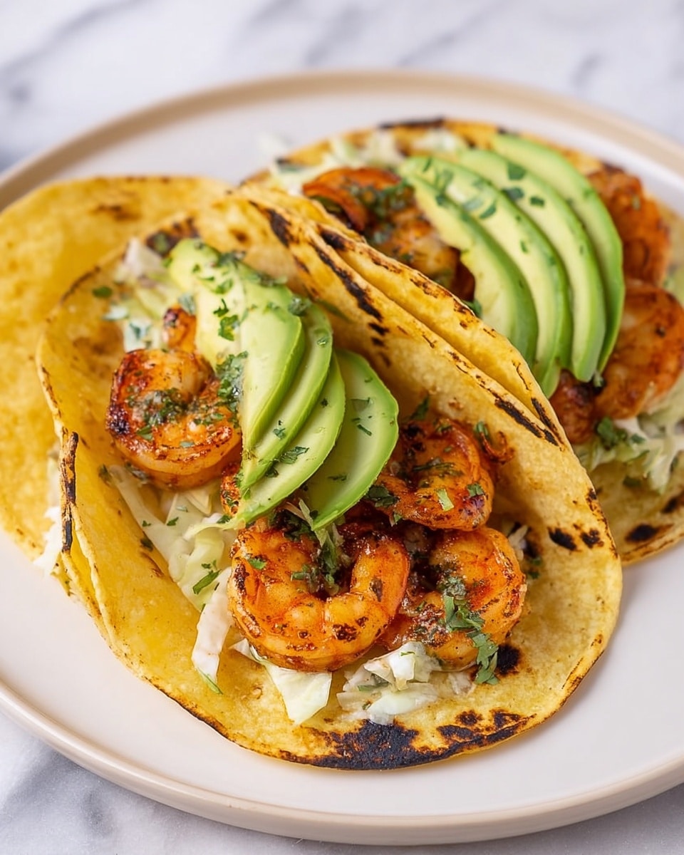 Two shrimp tacos sit side by side on a white plate atop a white marbled texture. Each taco has three yellow corn tortillas slightly charred at the bottom, filled with a layer of shredded white cabbage mixed with green herbs, topped with five to six pieces of grilled shrimp coated in a reddish-brown sauce with specks of green herbs. On top of the shrimp, there are two long slices of avocado with smooth green skin and creamy inside placed diagonally in each taco. The overall color palette is warm with yellows, reds, greens, and whites. photo taken with an iphone --ar 4:5 --v 7