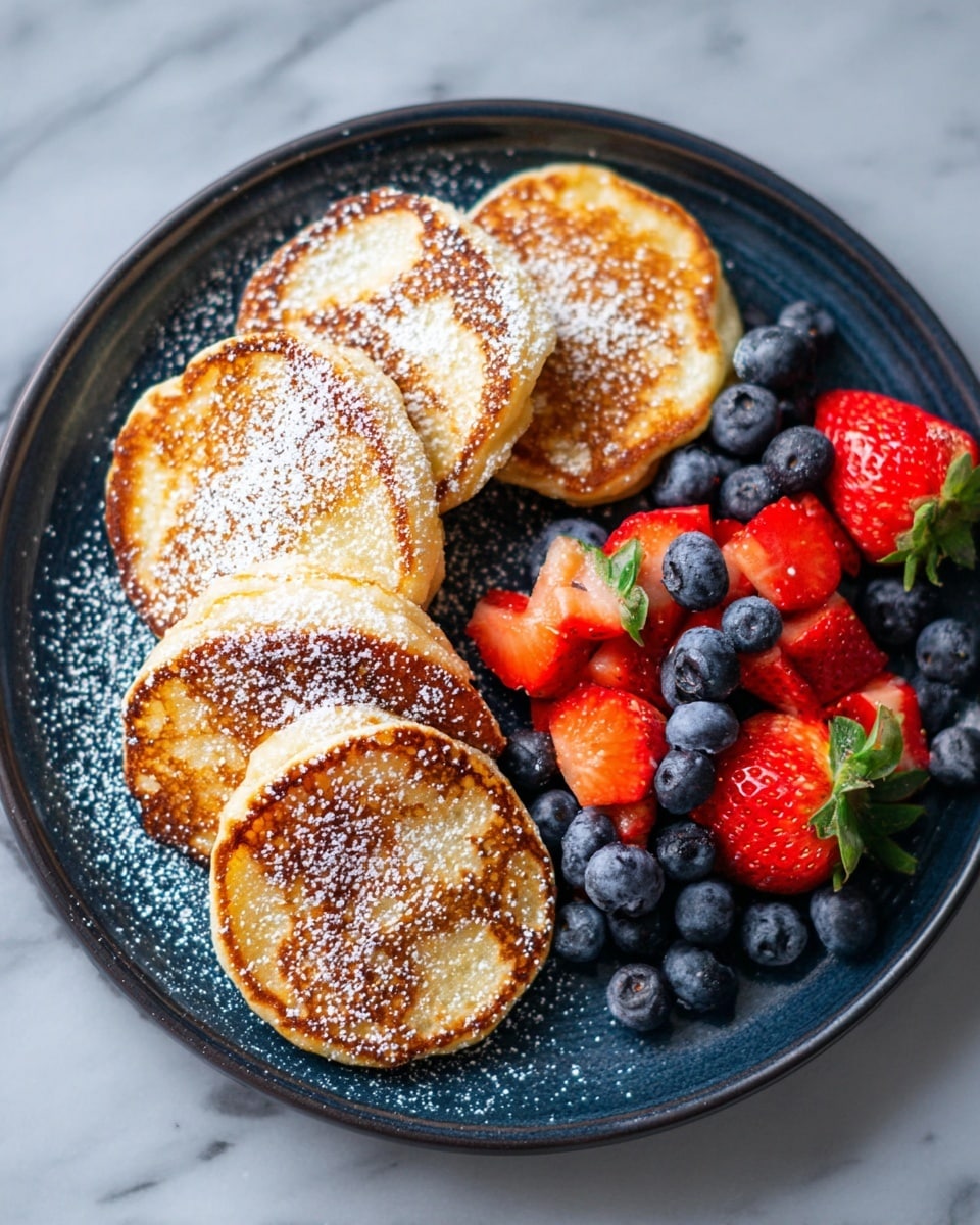 A dark blue round plate holds five golden-brown pancakes arranged in a slight arc on the left side, each pancake dusted with a light layer of white powdered sugar giving a soft texture on top. On the right side of the plate, there is a mix of fresh fruit with whole and halved bright red strawberries with green leaves, and dark blue blueberries scattered neatly. The plate sits on a white marbled surface, enhancing the colors of the food with soft natural light. photo taken with an iphone --ar 4:5 --v 7