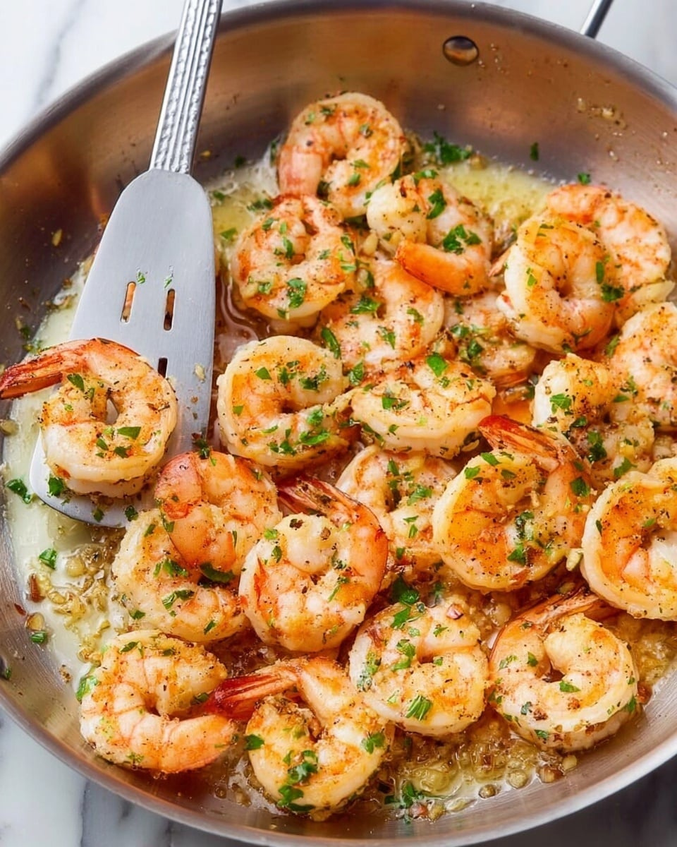 A shiny silver pan filled with one layer of cooked shrimp with a light orange color and slight brown grill marks, scattered green herb bits on top, and bits of garlic in a light sauce gathered around the shrimp, a silver spatula lifting some shrimp on the left side, all set on a white marbled surface. photo taken with an iphone --ar 4:5 --v 7